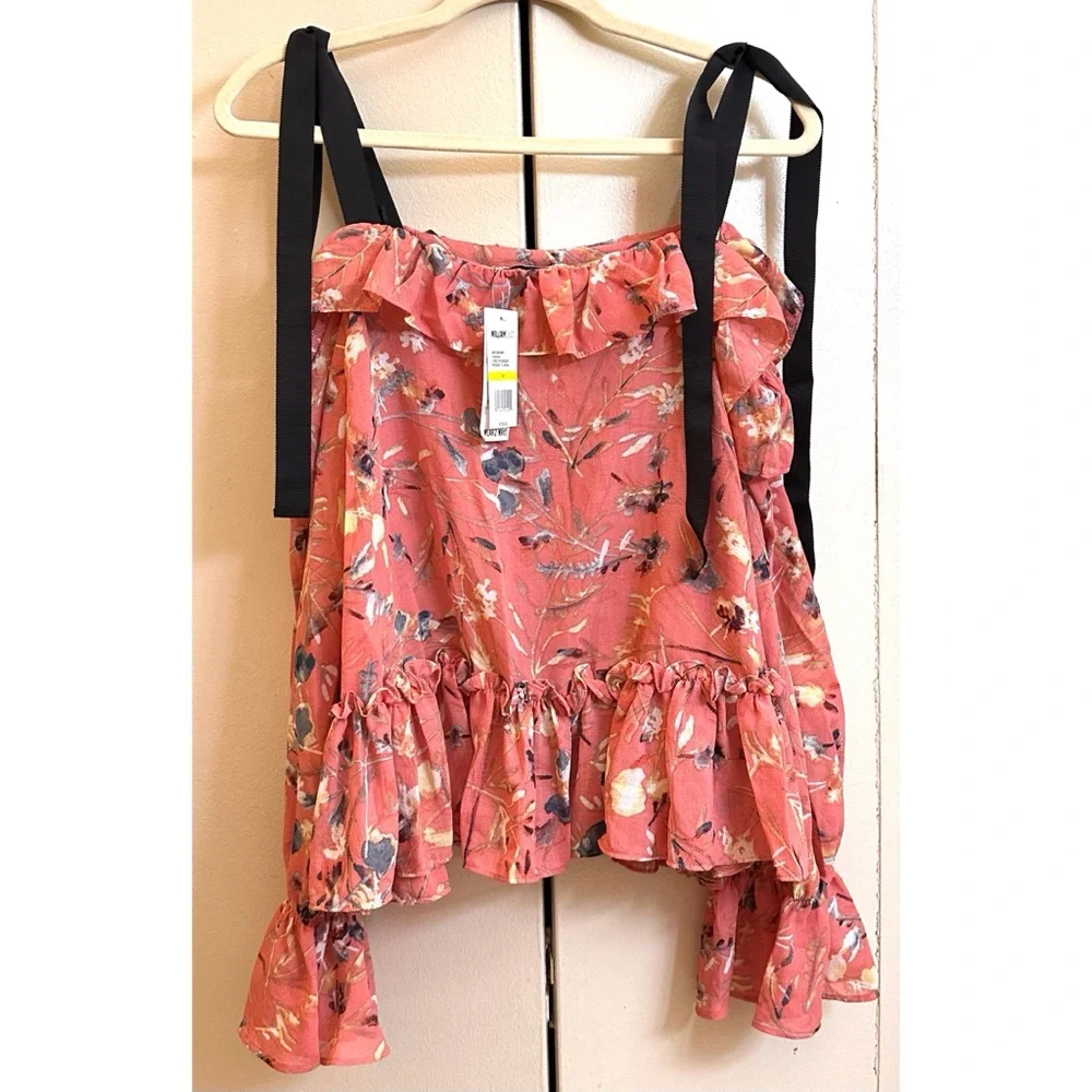 William Rast Pink Ruffle Cold Shoulder Top Fabiana Lobster Bisque Medium NWT. - Picture 6 of 7
